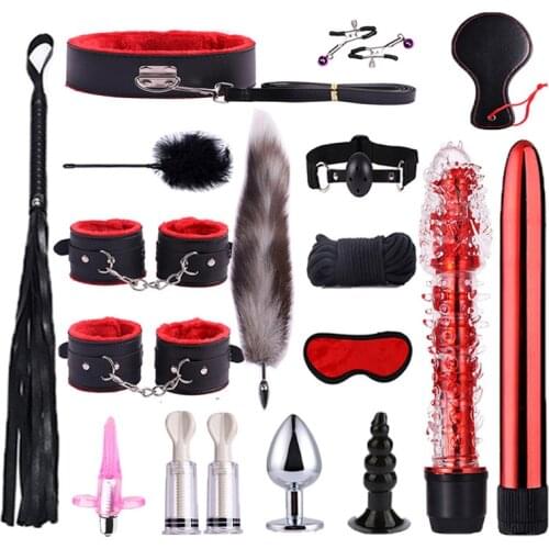 17Pcs1Set Erotic Sex Toys for Adult Game Bondage Handcuffs Sex Game Whip Gag Nipple Clamps Anal Plug Blindfold BDSM Sex