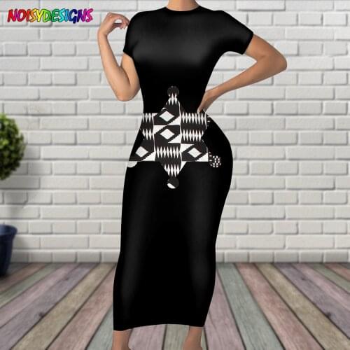 NOISYDESIGNS African Tribal Geometry Print Vintage Black Dress Ladies Short Sleeve Summer Dress Casual Pencil Dresses Vestidos