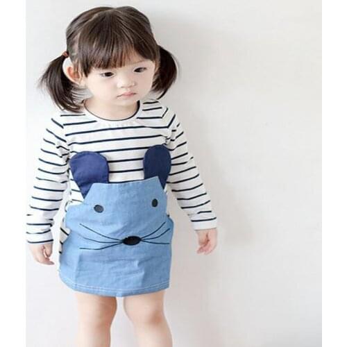 Summer new girl explosion fashion fake two embroidered striped stitching cartoon mouse pattern little girl dress