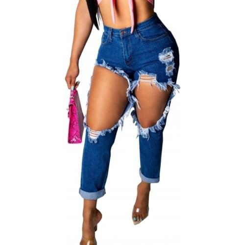 New Hole Women Sexy Club Party Destroyed Torn Hole Denim Jeans High Waist Stretch Pencil Pants Slim Ripped Denim Jeans Women