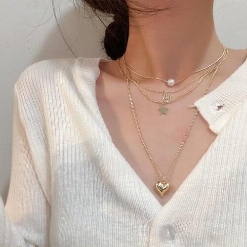 Fairy 4 Layers Heart Smile Round Faxu Pearl Pendant Necklaces Gold Color Thin Chain Star Chokers Necklace for Women Elegant Gift