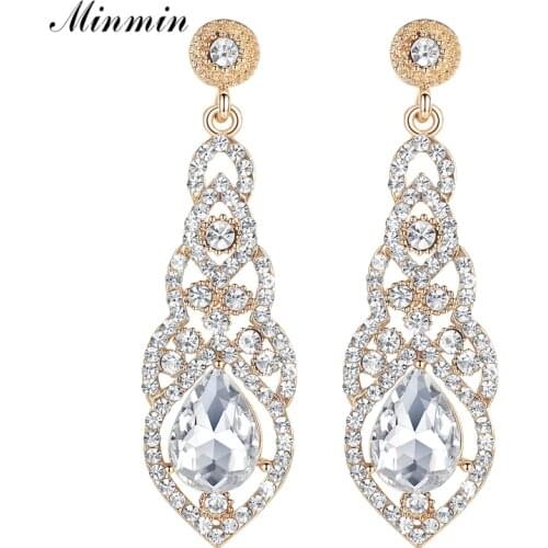 Minmin Gold Color Wedding Drop Earrings for Brides Big Teardrop Crystal Dangle Earrings for Women Fashion Korean Jewelry MEH444