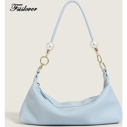 Vintage Baguette bag Solid color Women Shoulder Bags soft PU Leather Bags Pearl chain Ladies Messenger Handbag Bolsas