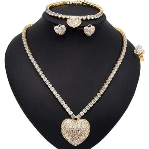 Yulaili Women Full Crystal Heart Shape Necklace Bracelet Stud Earrings Rings Bridal Wedding Jewelry Sets Free Shipping