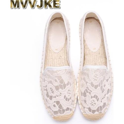 MVVJKE 2019 Spring Summer Air Mesh Flats Fretwork Women Loafers Flower Embroidery Shoes Woven Hemp Sneakers Lace Netting Zapatos