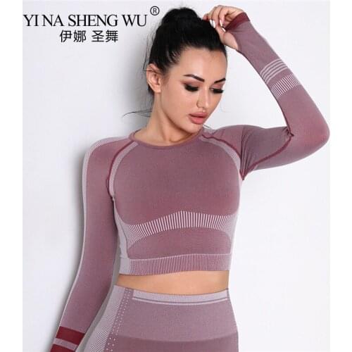 Women Seamless Yoga Shirts Long Sleeve O-Collar Slim Yoga Top Quick Dry Cross-back Sports Shirt Running T-shirt Fitness Clothing