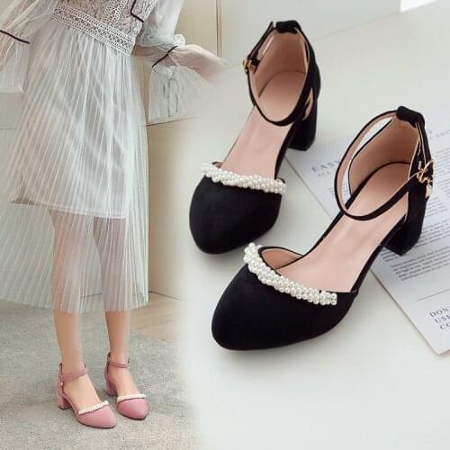 2021New beaded Women Shoes High Heels Round Toe Office Work Shoes Chunky Heels Women Pumps Ladies Shoes Beige Pink black