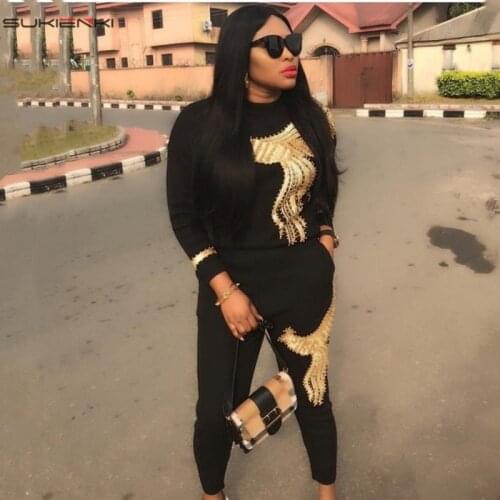 Fashion Spring High Elastic Sequined Beading Office Lady Women Set O Neck Long Sleeve Tops Full Pants Two Piece Sets Tracksuit