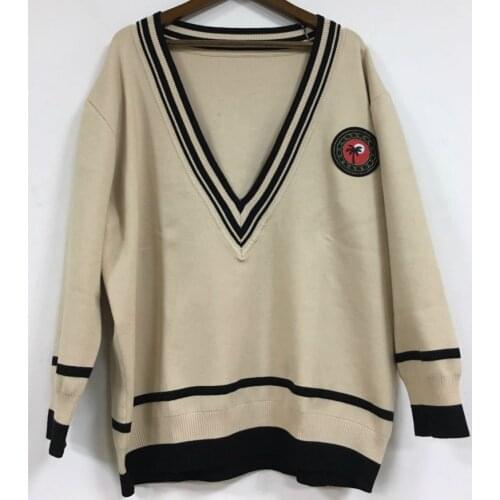 Womens autumn knitted sweater casual embroidery striped V-neck knitted pullover women