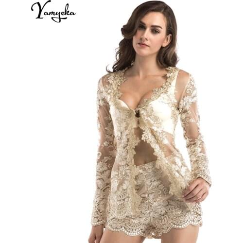 Sexy Women Playsuit With Lace Two Pieces Romper Short Mesh Summer Beach Club Elegant Jumpsuit 2020 New Arrivals V Neck Overalls