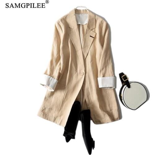 Blazer 2021 Thin Three Quarter Sleeve Cotton Linen Suit Women Spring And Autumn Single Button Casual Plus Size Woman Jacket 4XL