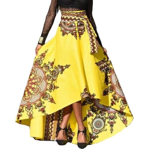 Hitmebox 2019 Women Fashion African Customs Print High Waist Asymmetric Long Maxi Ball Gown Big Swing Low Cut Hem Skater Skirts