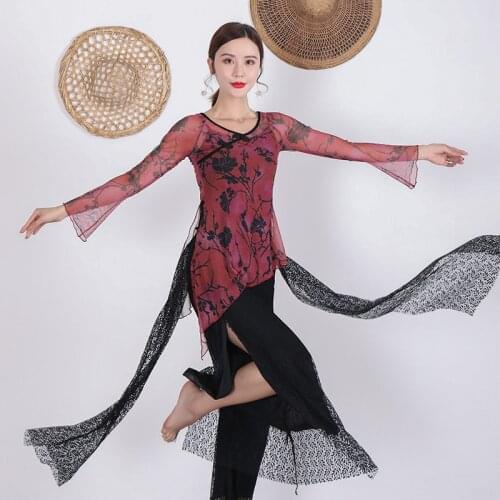 Women Oriental Classical Dance Dress Ladies Chinese Cheongsam Shirt Hanfu Tops Pants 2 Pcs Autumn Dancing Practice Clothing
