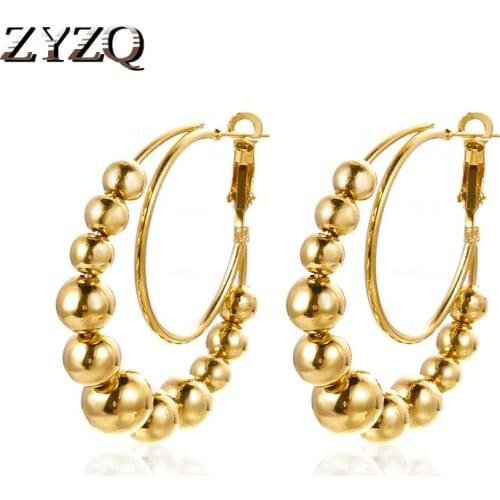 ZYZQ Simple Metal Hoop Earrings For Women Personality Exaggerated Round Bead Earrings Fashion Party Wear Ear Jewelry 2021 New