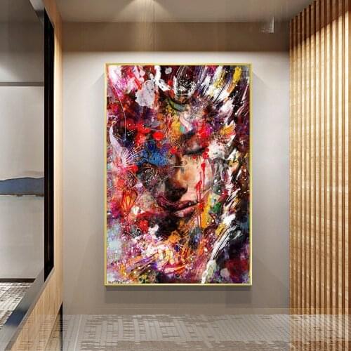Abstract Woman Face Graffiti Street Art Canvas Painting Posters and Prints Pop Wall Art for Living Room Decor No Frame