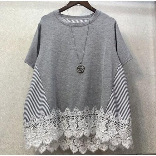 Irregular Lace Ruffled Hem Striped Patchwork Fake Two Loose O Neck Tops Short Sleeve Women T Shirt X599