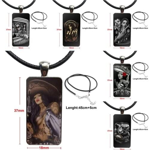 For Girls Best Gift Design Fashion Vintage Glass Women Rectangle Necklace Pendants Cool Tattoos Drawing Girl Guns