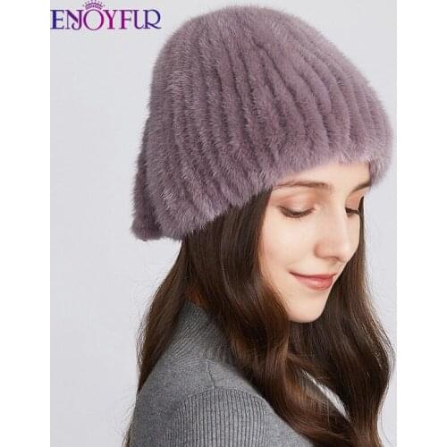 ENJOYFUR Women Winter Mink Fur Hats Warm Wool Lined Female Dome Fur Knit Caps Fashion Russia Outdoor Ski Beanies With Fur Tail