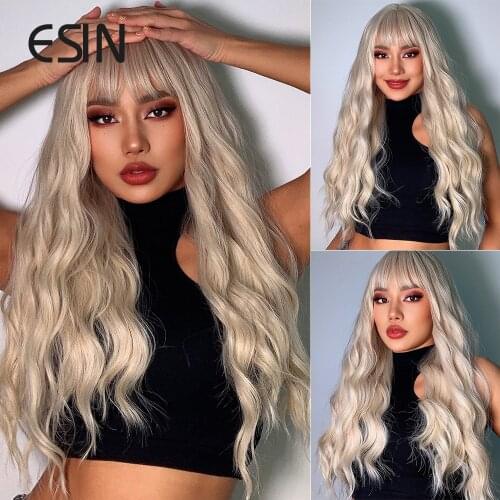 ESIN Ombre Blonde Brown Long Wavy Heat Resistant Synthetic Wigs with Bangs for Women Wig Use and Cosplay Curly Natural Hair