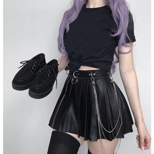 Goth Pleated Skirt High Waist Mall Gothic Harajuku y2k Clothes 90s 2000s Aesthetic Metal Element Punk PU Leather Black Skirt