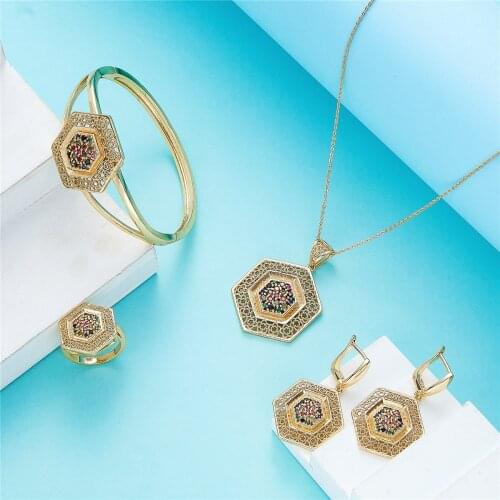 2021 July Trend of 18k Gold Jewelry Sets A set of Women Accessories Necklace Earrings Ring Bangle on Hand