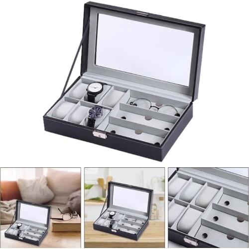 Multi-grids PU Leather Watch Storage Box Jewelry Bracelet Case Glasses Organizer
