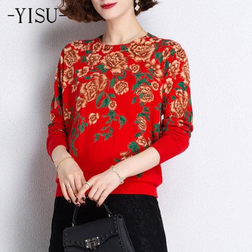 YISU Fashion Spring Womens sweater O-Neck Peony Printing Long sleeves Jumper Female Tops Casual Loose Thin Knitted pullover