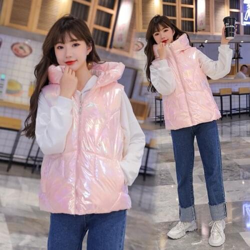 New 2021 Winter Girl Vest Warm Hooded Fashion Thick Vest Women Coat Female Waistcoat Loose Sleeveless Outerwear Ladies Pink