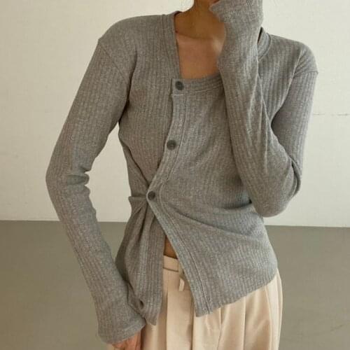 Autumn and Winter 2021 Round-neck Wool Sweater Womens Buckle Bottom Knitwear Sexy Long-sleeve Knitted Top Slim Cardigan 15829