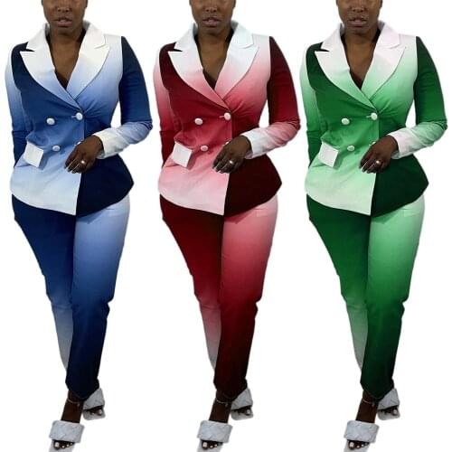 Autumn Winter Streetwear Gradient Womens Set Long Sleeve Blazer Pants Suit Office Lady Tracksuit Two Piece Set Slim Outfits