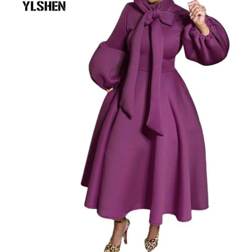 Plus Size Bow Long African Dresses For Women Casual Dashiki Lantern Sleeve Robe African Dress Africa Clothes Evening Party Dress