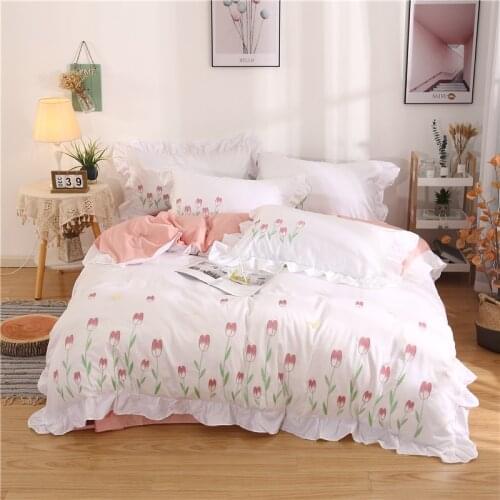 Luxury Tulip Flowers Embroidery Princess Bedding Set 100% Cotton Double Duvet Cover Set Bed Fitted Sheet Pillowcases For Home