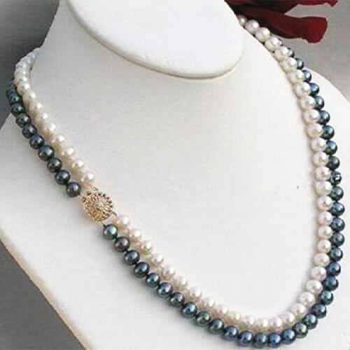 Charm 2 row 7-8mm black white natural freshwater cultured pearl round beads necklace wholesale party jewelry 17-18inch BV348