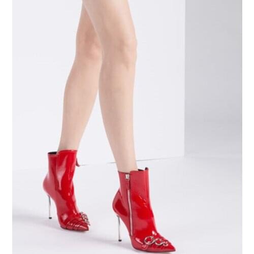 Women Boots High Heel Ankle Boots Fashion Pointed Toe Buckle Winter Zipper Boots Female Shoes Red Blade Heels 34-45