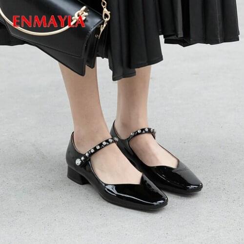 ENMAYLA 2020 Round Toe Buckle Strap Mary Janes Party Fashion Women Heels Genuine Leather Square Heel Crystal Womens Shoes 34-39