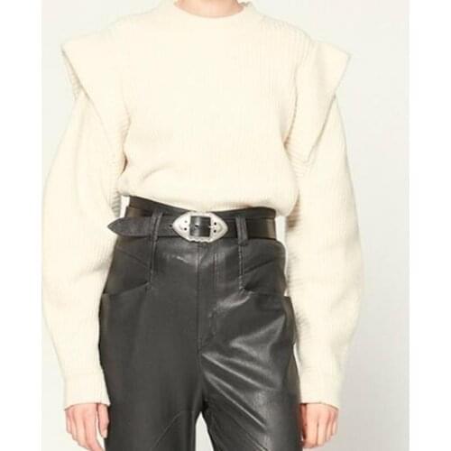 Woman BOLTON Cream Wool Blend Knit Sweater Round Neck Wide SHoulders Ruffled detail Long Sleeves Jumpers 2020