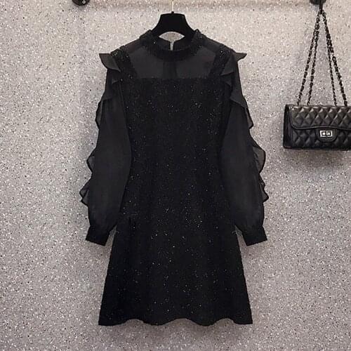 M-5XL large size women elegant vintage ruffle autumn dresses 2021 long Sleeve o neck loose casual sexy black dress vestido