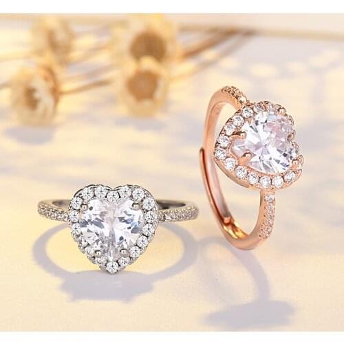 Womens Romantic Heart Rings Rose Gold Wedding Engagement Bridal Jewelry Cubic Zirconia Stone Elegant Open Ring Accessory Gifts