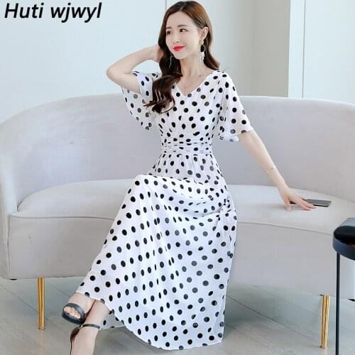 2021 Vintage Black Sexy Midi Dress Spring Summer Dot White Chiffon Boho Beach Sundress Women Casual Bodycon Party Maxi Vestidos