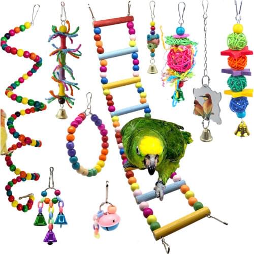 10 pcs a Pack Bird Parrot Accessories Perch Swing Bell Mirror Chewing Toys Set