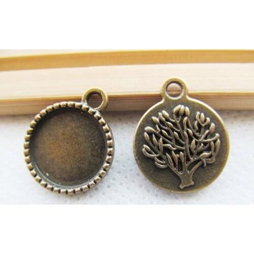 100pcs Antique Silver/Antique Bronze Filigree Lucky Tree of Life Round Base Setting Tray Bezel Pendant ,fit 14mm Cabochon/Cameo