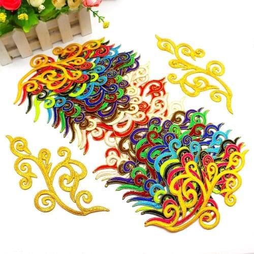 Mirror Pair Flower Appliques Iron On Gold Edge Embroidered Patches Cosplay Costumes Trims Diy Garment Trims 18cm*9CM