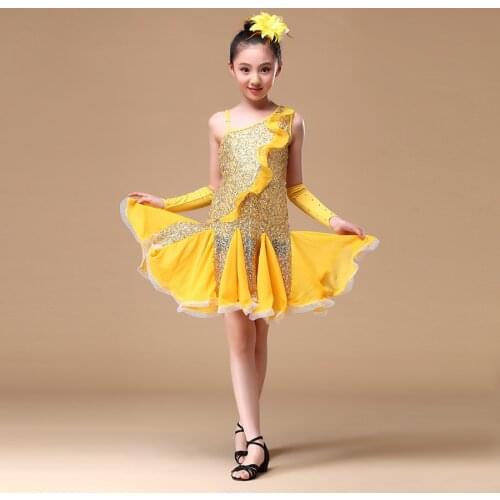 2018 Children Dance Outfit with Sleeves Sequins Latin Dresses for Girls Backless Fringe Latin Dance Dress Children