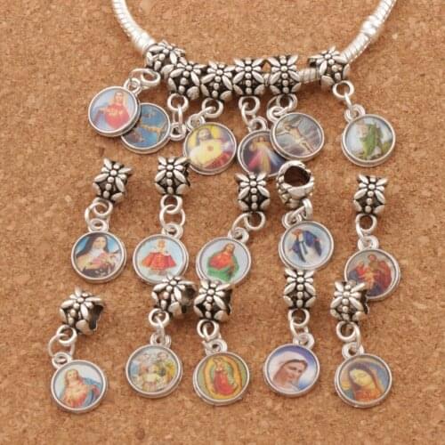 24pcs Catholic Church Medals Saints Cross Beads Zinc Alloy Dangle Fit European Bracelets DIY B1707 25.1x9.9mm