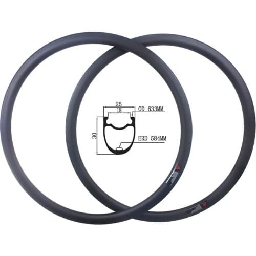 700c 30mm x 25mm wide tubeless U shape Cyclocross road disc brake bike carbon rims Inner Width 18mm UD 3K 12K Twill road bicycle