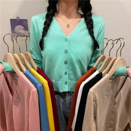 9 Colors Autumn Spring Women V-Neck Knitted Casual Short Sweaters Cardigans Lady Solid Soft Sweater Top For Female