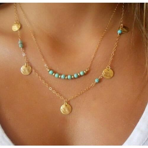 Turquoise clavicle chain double layer Necklace Sequin jewelry