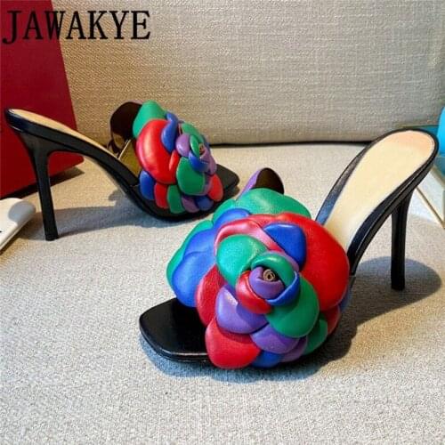 Summer Hot sale Rose Petal Womens Slippers Open toe Thin high Heels flower Sandals Mules Ethnic Style Wedding Party Shoes mujer