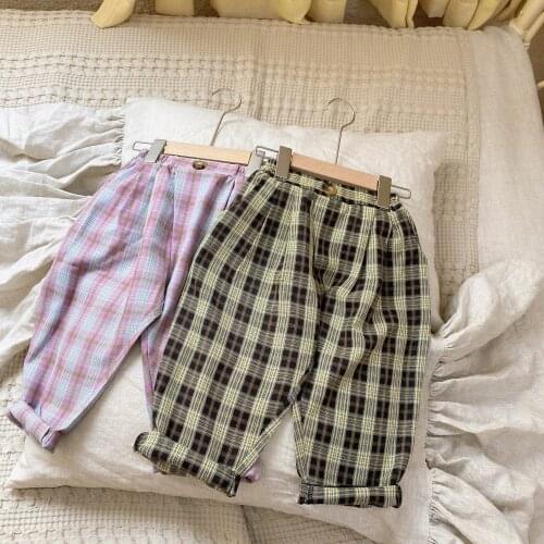 2021 Spring Autumn New Korean Style Childrens Western Style Plaid Suit Pants Girls Jean Long Pants Kids Clothes 2-7yrs Toddler