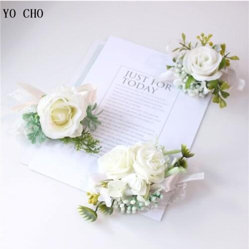 YO CHO Wrist Corsage Bridesmaid Wedding Bracelet Flowers Groom Boutonniere Pin Wedding Corsage Flower Brooch Mariage Accessories